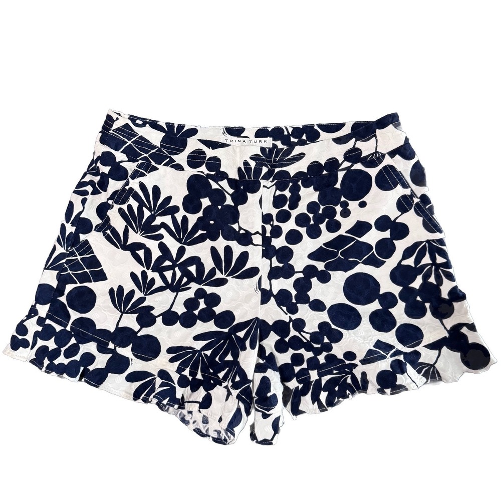Trina Turk Rocklin Shorts Ruffle White Blue Print Women's Sz 6 Actual Size 10/12